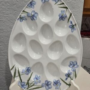 Martha Stewart White Ceramic Egg Platter with Blue Floral Accent